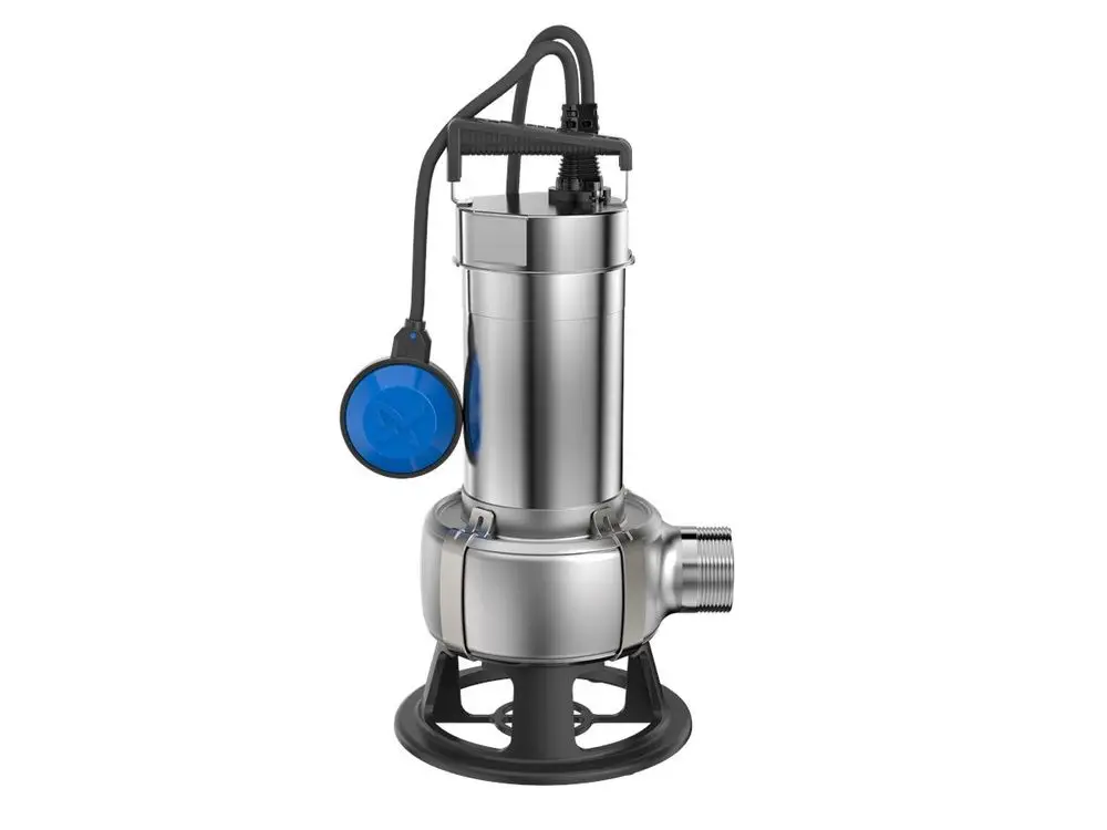 Tauchmotorpumpe aus Edelstahl von Grundfos, ausgestattet mit einem Schwimmerschalter und einem Anschluss für Schmutzwasserabfluss.